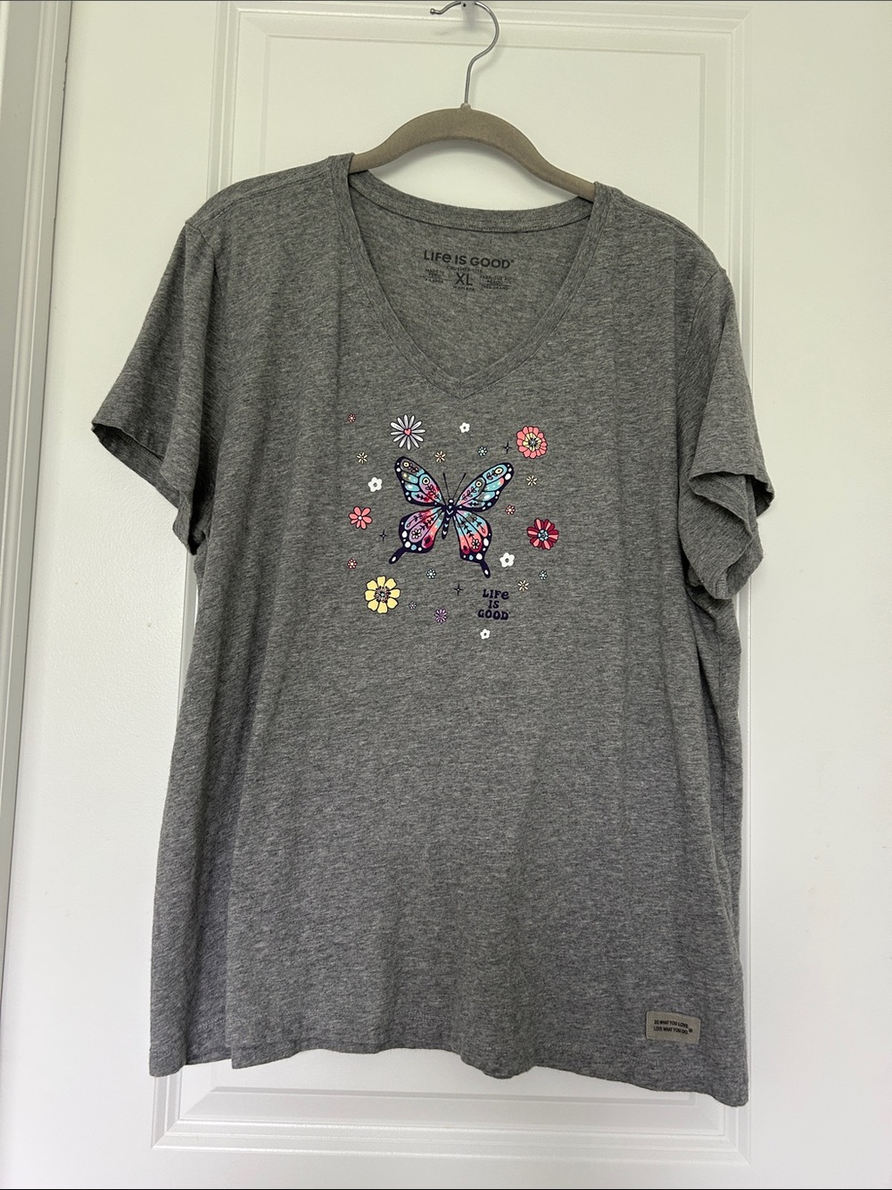 Life Is Good Gray V-Neck Tee with Colorful Butterfly Graphic